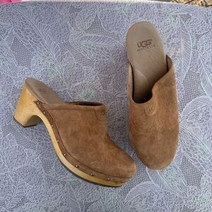 UGG Brown Suede Mules with Wooden Sole